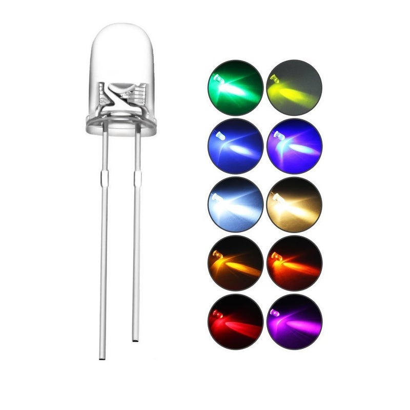 DiCUNO 200pcs 5mm Light Emitting Diodes, Round Clear LED Assorted Kit 10 Colors, White/Red/Yellow/Green/Blue/Pink/Orange/Warm White/UV/Chartreuse, 10 Colors x 20pcs Diodes - Image 1